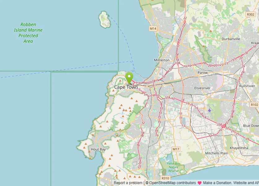 Map of Cape Town, South Africa, with a pin on the city centre