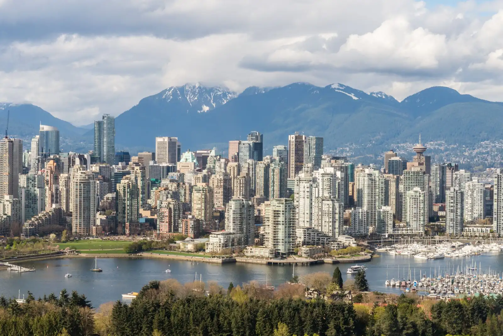 Downtown Vancouver skyline with the North Shore mountains and marina