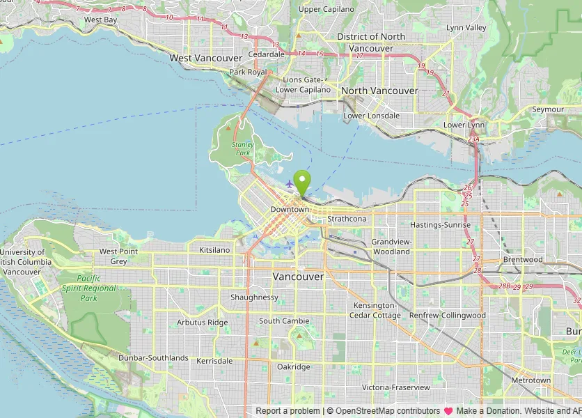 Map of Vancouver, Canada, with a pin on the Sinclair Centre downtown